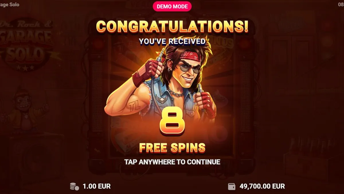 Dr. Rock & Garage Solo slot machine interface com tema de rock e instrumentos musicais