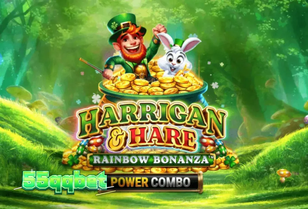 Cenário vibrante com temática irlandesa do jogo Harrigan & Hare Rainbow Bonanza Power Combo